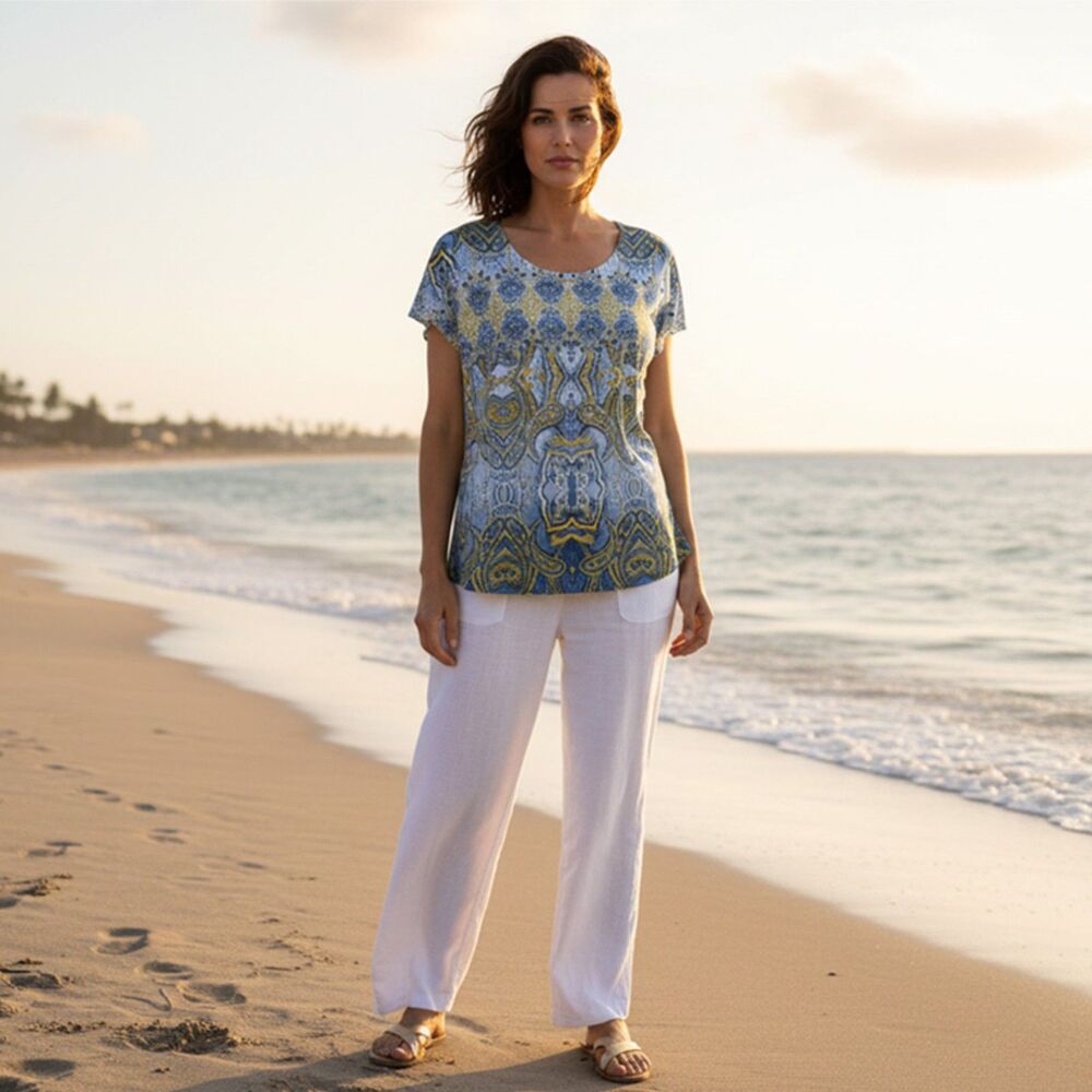 One World Live and Let Live Blue Paisley Short Sleeve Top Size L